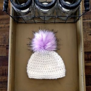 Soft kids hat with large faux- lilac pompom on top